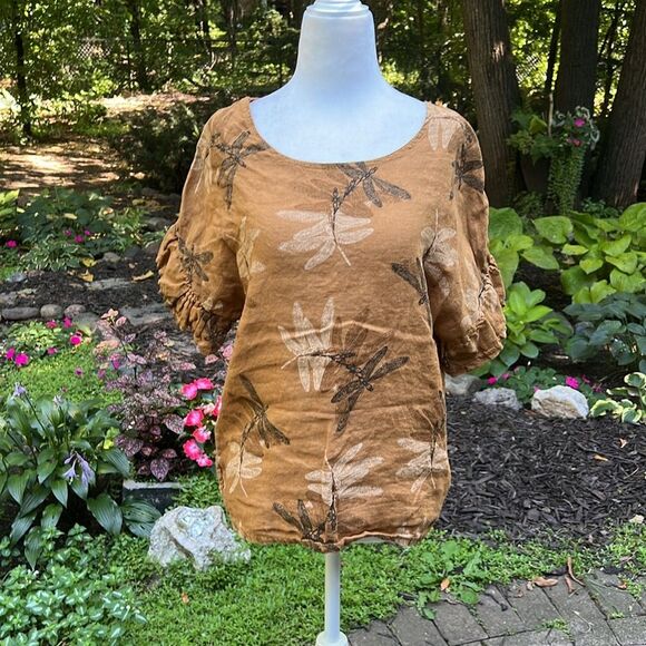 Tops - Elena Baldi DragonFly 100% Linen Mustard Yellow Ruffle Sleeve Blouse Small